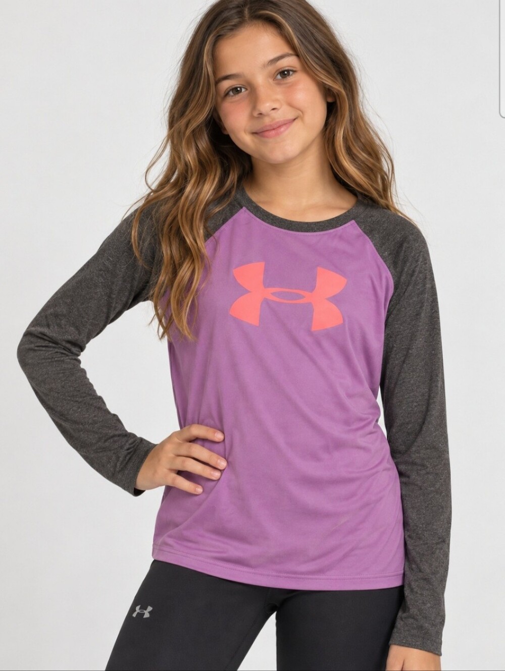 Under Armour Girls Youth YLG Purple Gray Long Sleeve Athletic Shirt Pink Logo